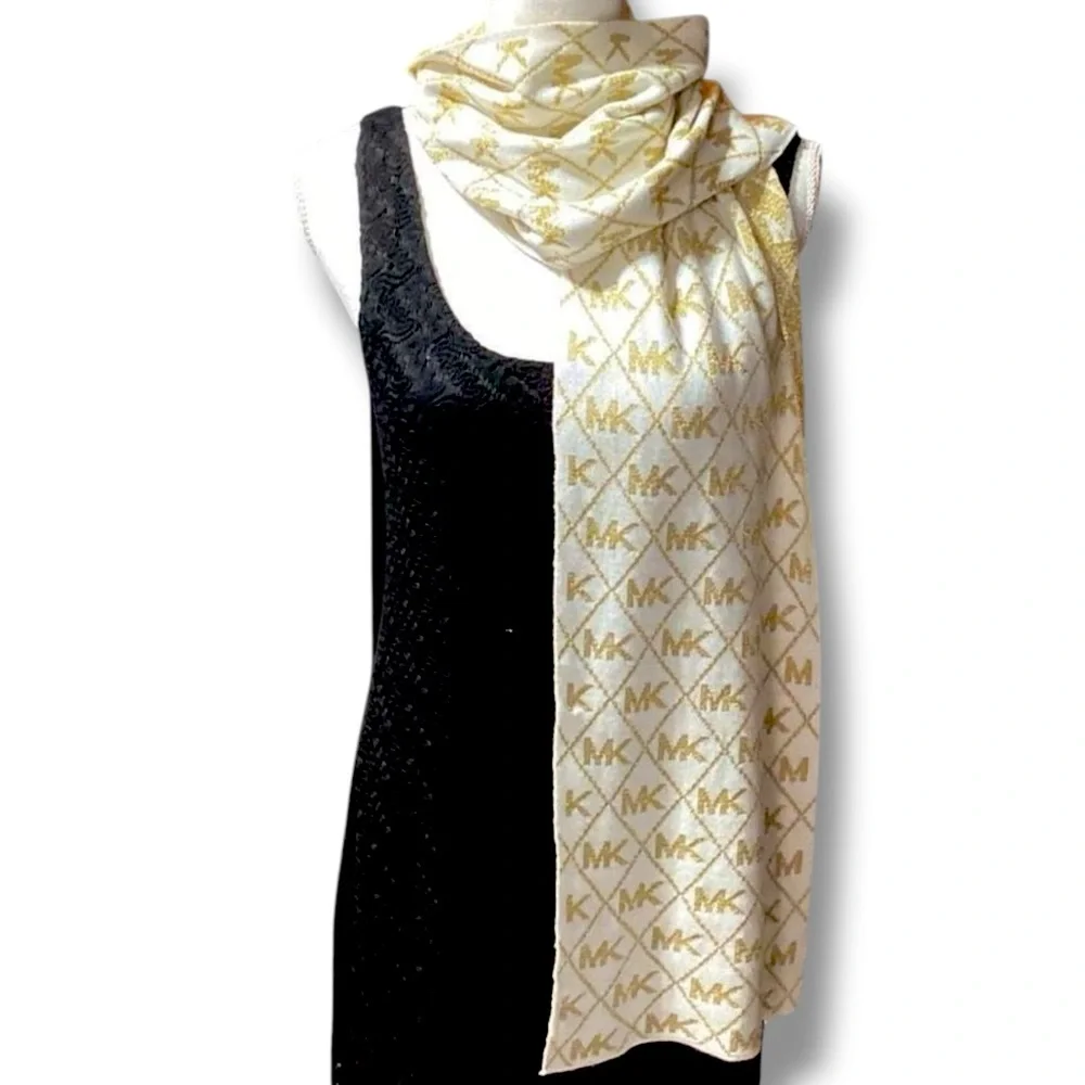 MICHAEL Michael Kors Signature Logo Sparkly Glittery Gold & Cream Colored Scarf